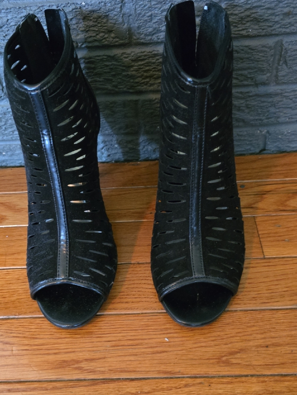 a.n.a Black Laser-Cut Peep-Toe Ankle Boots